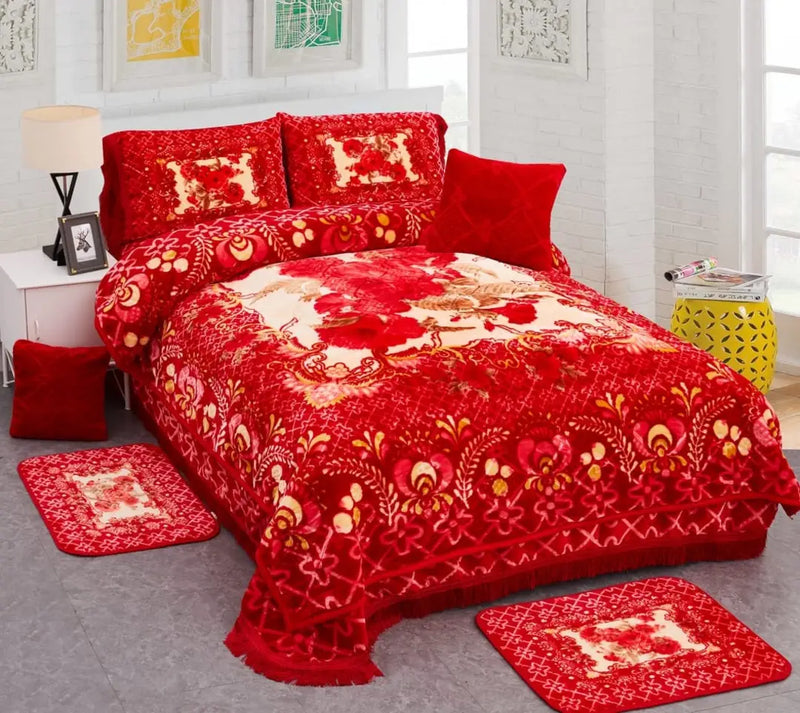 Blanket (ኮቦርታ )Blanket 200×240cm

Bedcover 230×250

Pillows 50×75cm

Cushio 40×40cm

Mat 50×75cm

Slipper 4PCs