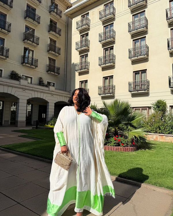 Graceful Habesha Kemis with Elegant Green Embroidery for Celebrations