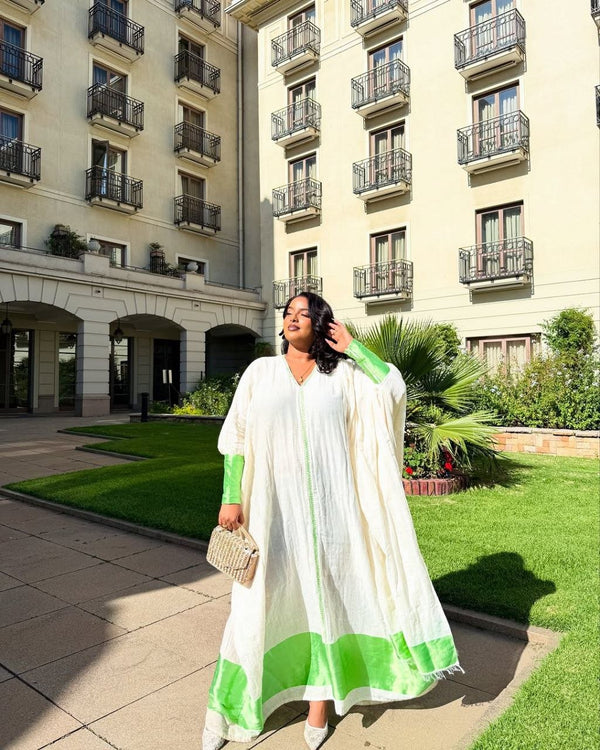 Graceful Habesha Kemis with Elegant Green Embroidery for Celebrations