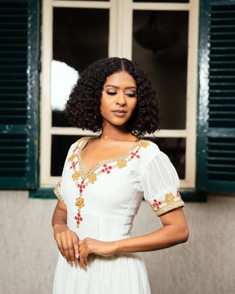 Graceful Habesha Kemis with Floral Embroidery for Celebrations Traditional Ethiopian Dress