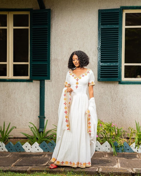 Graceful Habesha Kemis with Floral Embroidery for Celebrations Traditional Ethiopian Dress