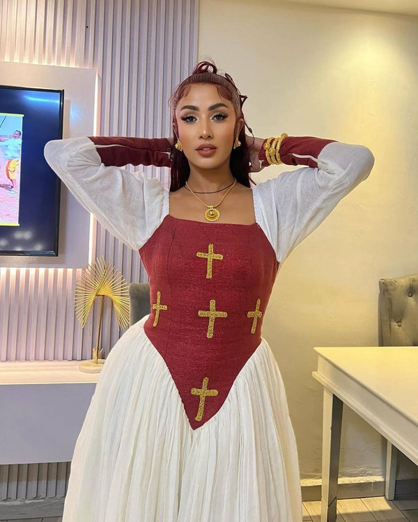Stunning Yet Simple Habesha Kemis with Elegant Red Accents Ethiopian Clothing for Everyday Wear