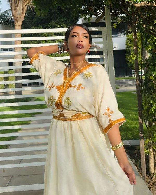 Simple Habesha Kemis with Gold Embroidery for Occasions - Habesha Clothing - Ethiopian Clothing